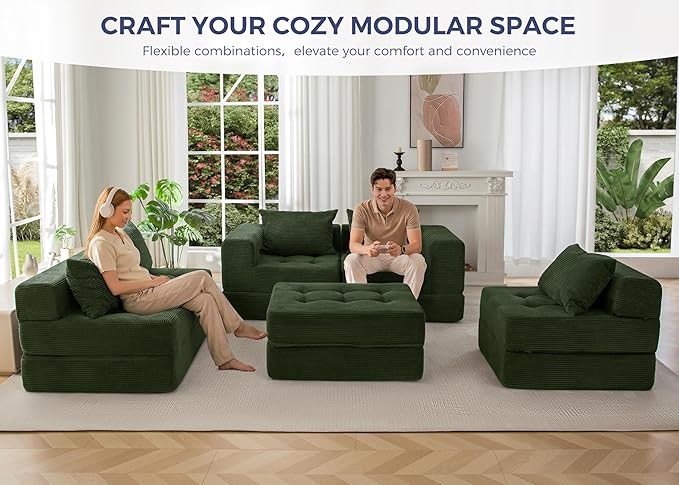 MAXYOYO Modular Sectional Sofa Couch Foldable U Shaped Cloud Couch with Pillows Tufted 6-Seat Boneless Sleeper Lounger Floor Sofa Bed for Living Room No Assembly Required Dark Green