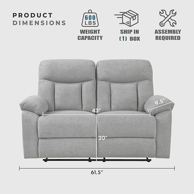 Lexicon Manual Double Recliner Loveseat for Living Room Chenille Fabric Upholstered Reclining Sofa Home Theater Seating Easy Assembly Recliner Love Seat Couch Gray