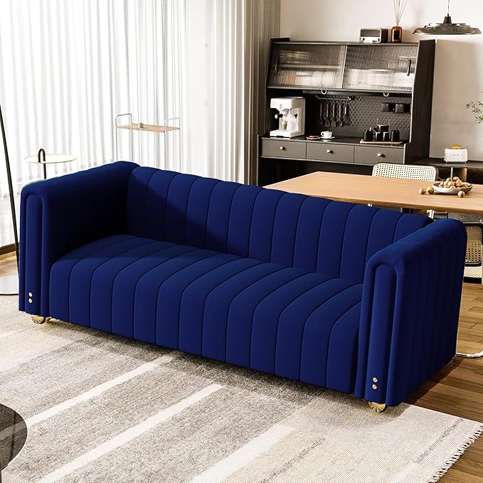 81.3'' Blue Velvet Modern Mid Century Deep Seat Sofa Oversized 3-Seater Loveseat Comfy Couch for Living Room and Apartment Furniture