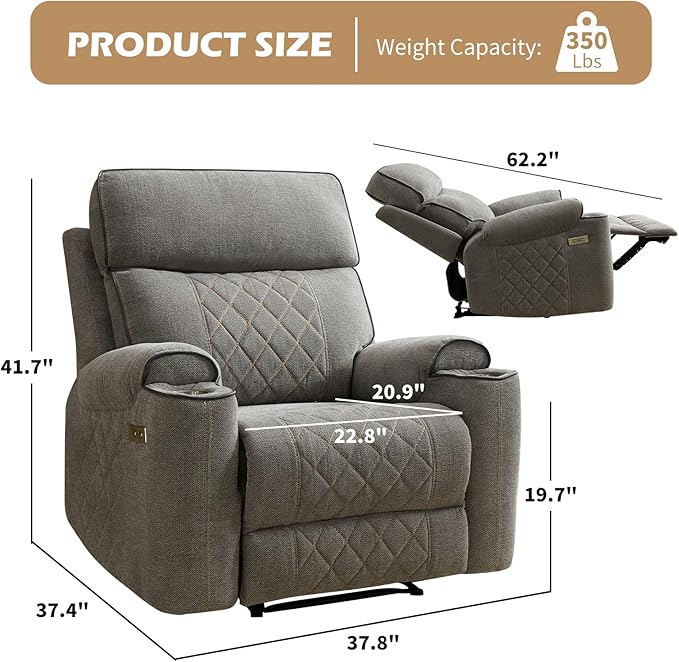 EBELLO Electric Recliner Chair Soft Fabric Power Reclining Chair with Cup Holders USB Charging Ports for Living Room Bedroom and Meeting Room Light Grey
