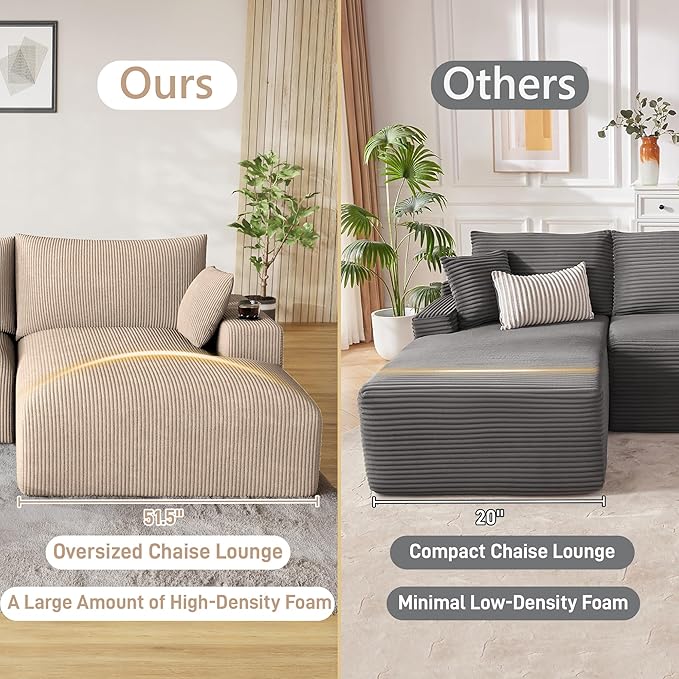113 Modular Sectional Sofa Cloud Couch Modern Deep Seat Fluffy Corduroy Boneless Couch with Cup Holder Comfy L Shaped Sectional Couches for Living Room Bedroom. (Right Facing Camel)