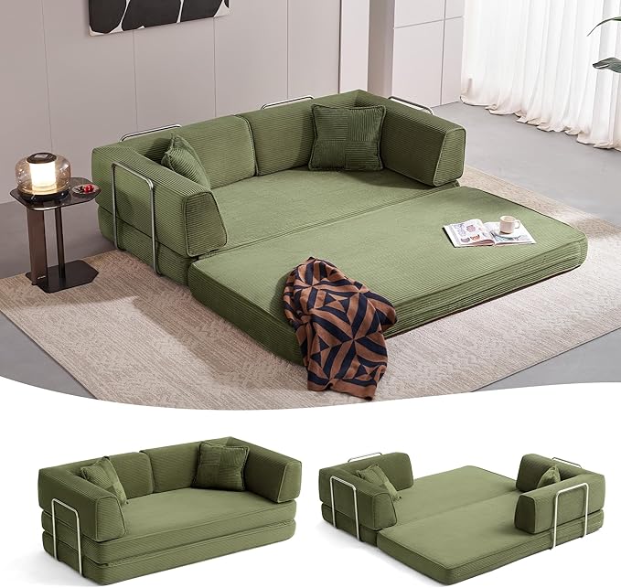 LINSY HOME Sofa Bed Couch - Convertible Boneless Couch Bed with 2 Pillow (Green) | Folding Sofa Bed Corduroy Material No Assembly Compressed Sofa Couch in a Box