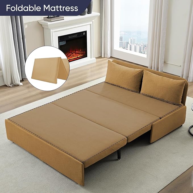 ijuicy 3 in 1 Queen Size Pull Out Sofa Bed Linen Sleeper Sofa with Pullout Bed Convertible Loveseat Couch Beds with Pillows and Tri-fold Mattress for Small Space Apartment Mustard Yellow
