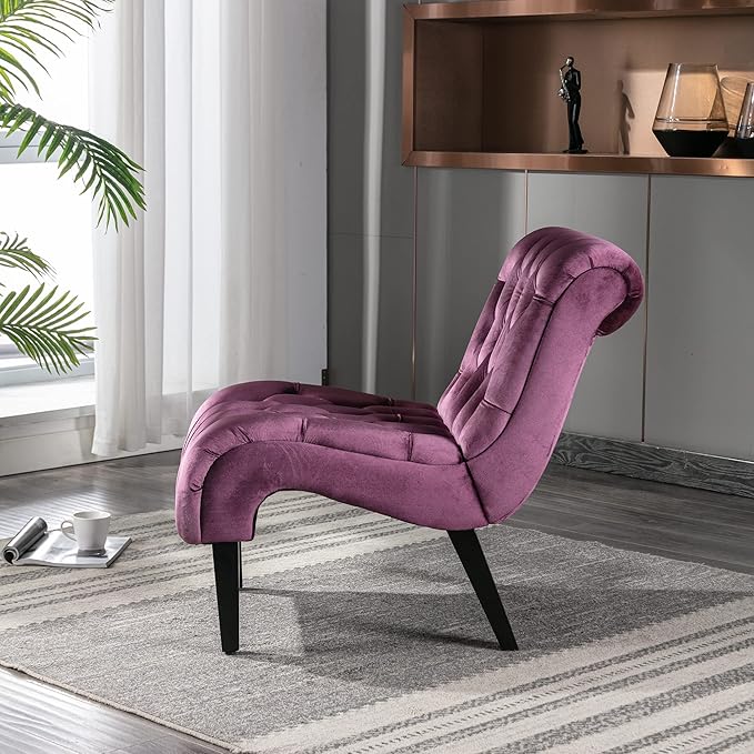 Yoluckea Modern Upholstered Accent Chair S-Shape Armless Lounge Chair for Bedroom Living Room Comfy Velvet Chaise Chairs with Button Tufted Back and Solid Wood Legs Purple