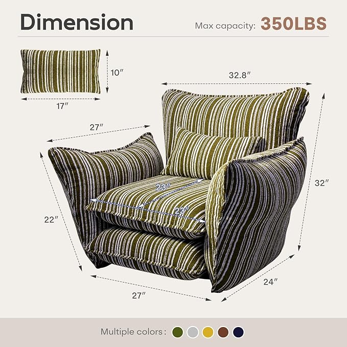 Chenille Accent Chair with Lumbar Pillow Green Stripe Wide Armrests Deep Seat 7 Inch High-Density Foam 350 lbs Capacity
