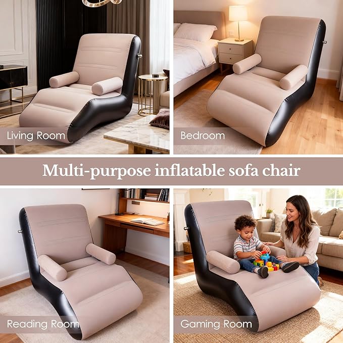 Inflatable Deck Chair with Air Pump Foldable Lounge Chair for Bedroom and Living Room Indoor Sofa Lounge with Handrails(Brown)