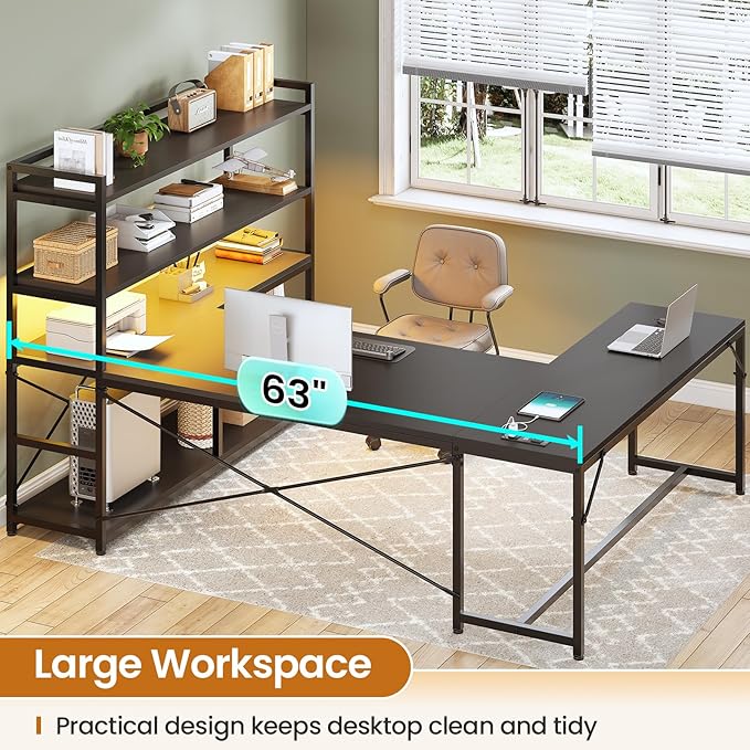 SEDETA L Shaped Gaming Desk 63'' Reversible Computer Desk with Power Outlet and Storage Shelves Corner Gaming Desk with LED Lights Bookshelf for Home Office Black