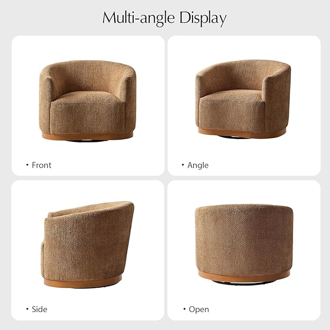 HULALA HOME Chenille Swivel Accent Chairs Set of 2 Fully Assembled Comfy Upholstery Barrel Armchair with Sturdy Solid Wood Base Caramel