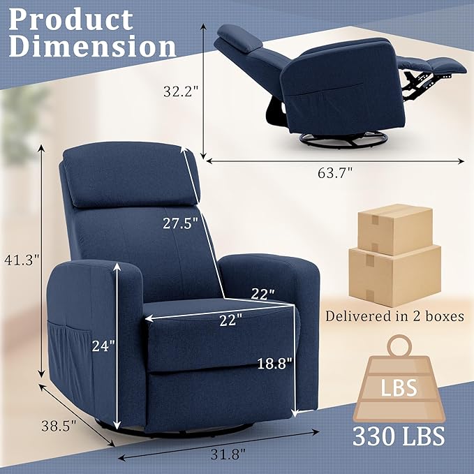Power Swivel Recliner Chairs for Adults Electric Glider Rocking Chair Nursery Glider Recliner Nursery Chair with Classified Side Pocket Nursery Rocking Chairs with USB and Type-C Ports
