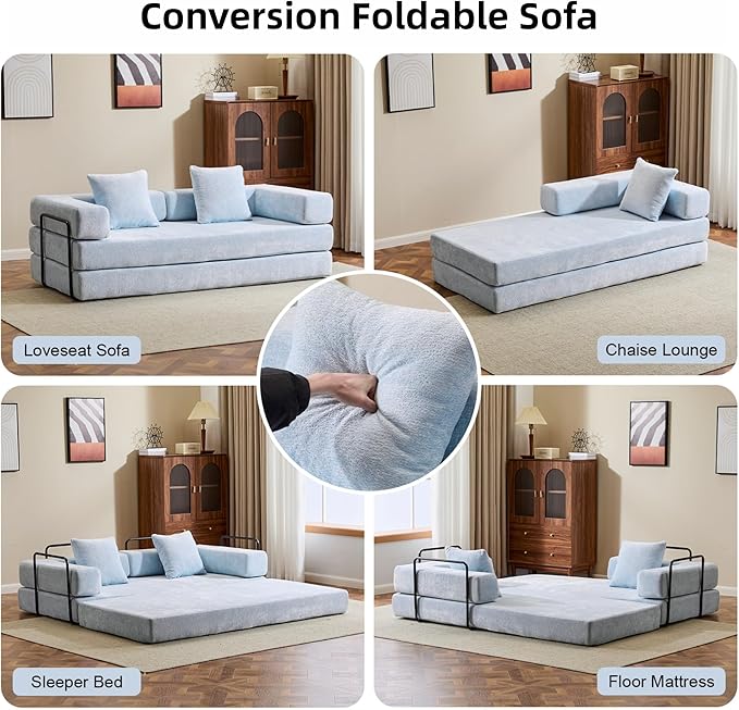 Convertible Floor Sofa Bed Fold Out Floor Couch with Pillow Back &amp Armrest Compressed Couch with Fixed-Shape Frame Chenille Foldable Sleeper Sofa Bed for Living Room Bedroom Light Blue