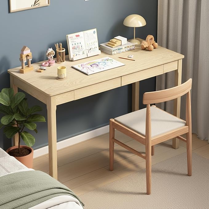 100% Solid Wood Desk with 2 Drawers 47 Inch Mid Century Modern Desk Vintage Writing Ash Wooden Desks Computer Table for Home Office Bedroom Living Room