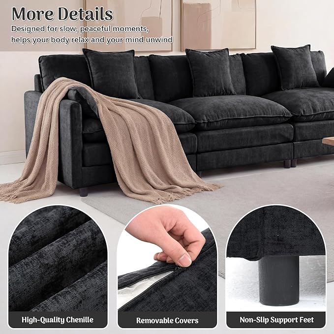 Redlife Modular Single Seat Sofa with Ottoman Chenille Upholstered Accent Chair Spring-Embedded 30D Foam Cushion Removable Covers Solid Wood Frame Easy Assembly Lounge Chair Black