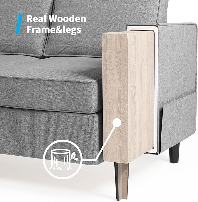 Mjkone Armchair Sofa Chair with Storage Pockets Modern Velvet Single Sofa Chairs Comfortable Small Space Reading Chair for Living Room/Apartment/Bedroom - Light Grey