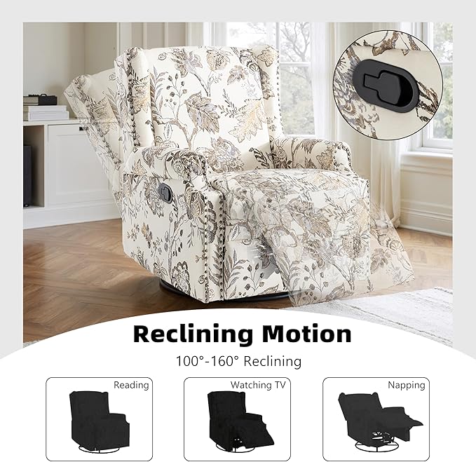 Swivel Glider Recliner Chairs Set of 2 High Back Rocker Reclining Accent Chair with Smooth Manual Mechanism for Nursery Comfortable &amp Quiet Upholstered Armchair Seating-Cream Plant