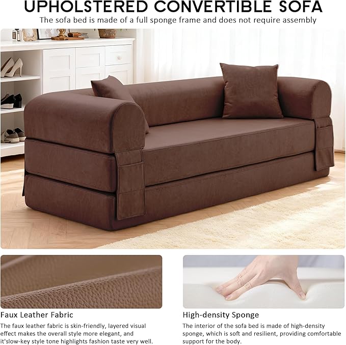 78.5 Convertible Sleeper Sofa Bed Faux Leather Folding Floor Sofa with Pullout Bed&amp2 Pillows No Assembly Modern Boneless Couch Compression Sofa in Box with Storage Pocket for Living Room Brown