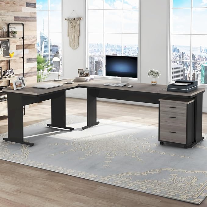 Tribesigns 83 L-Shaped Executive Desk Large Office Desk with Drawes Industrial Corner Computer Table with File Cabinet Business Workstation for Home Office (Gray 83)