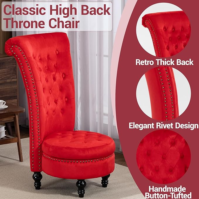 Throne Royal Chair High Back Velvet Accent Chair with Hidden Storage Button Tufted Vintage Armless Chair for Living Room Bedroom Office Red