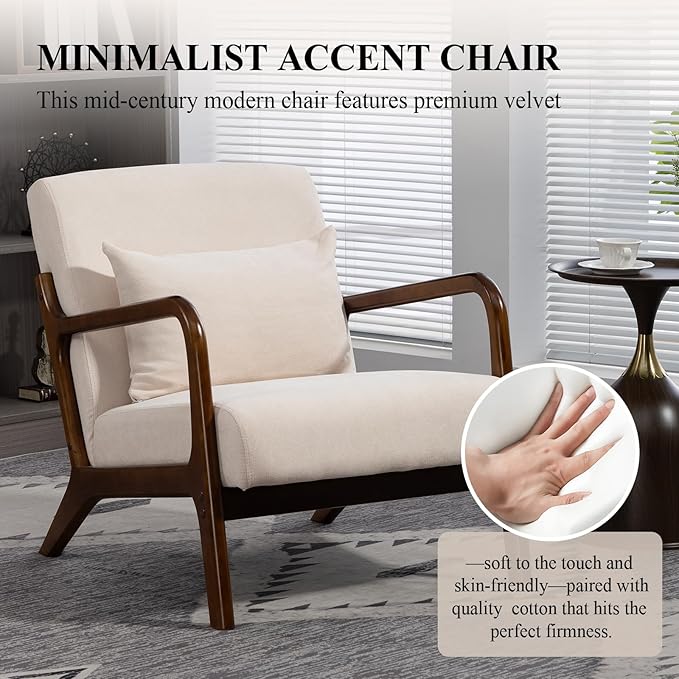 Minimalist Accent Chair Velvet Upholstered Mid-Century Modern Chair with Pillow Lounge Arm Chair with High Backrest Comfy Reading Chair for Living Room Balcony (White-Dark Brown)