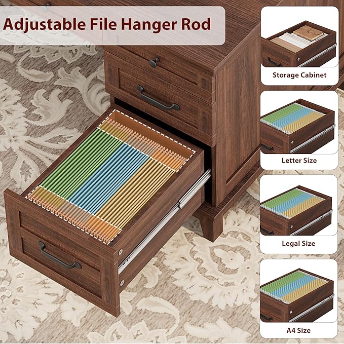 60 Executive Desk with Power Outlet Home Office Desk with Drawers Wooden Work Desk with File Cabinet Computer Desk for Work Study Writing Brown