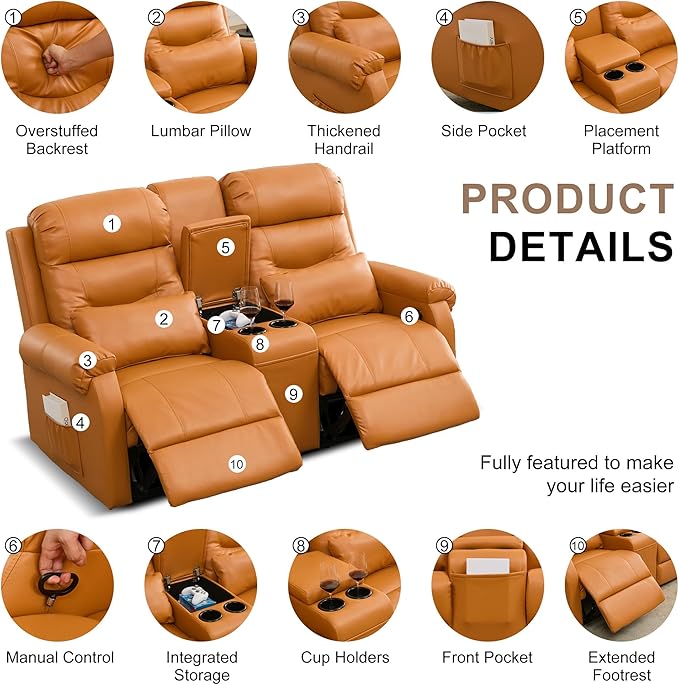 DRMBOOK RV Loveseat Recliner Sofa with Console Faux Leather Double Wall Hugger Reclining Couch Manual Movie Seating 2 Person Recliner Chair with Cup Holders/Storage/Pocket/Lumbar Pillow Orange