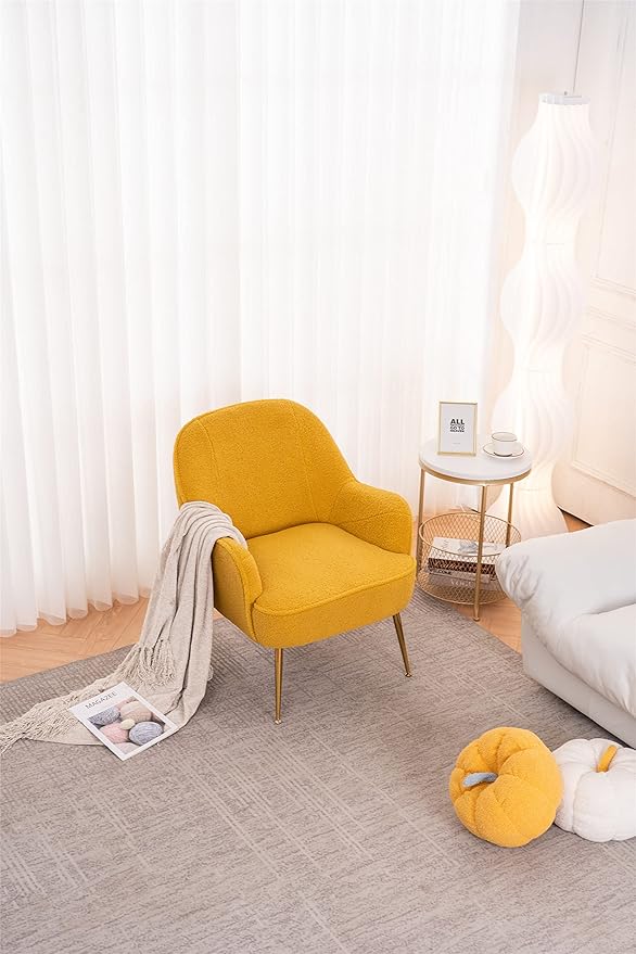 Modern Soft Green Teddy Fabric White Ergonomics Accent Chair Living Room Chair Bedroom Chair Home Chair with Gold Legs and Adjustable Legs Family Room Sofa Armchair Furniture for Indoor Home (Yellow)