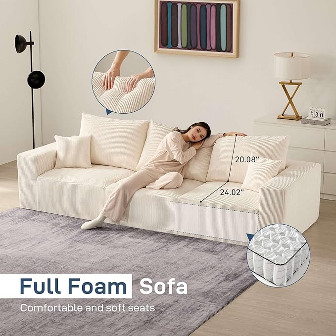 Modern Sleeper Sofa Couches for Living Room-113 Beige 3 Seater Boneless Cloud Couch-No Assembly Required Modular Corduroy Convertible Full Sponge Compression Sofas for House Apartment