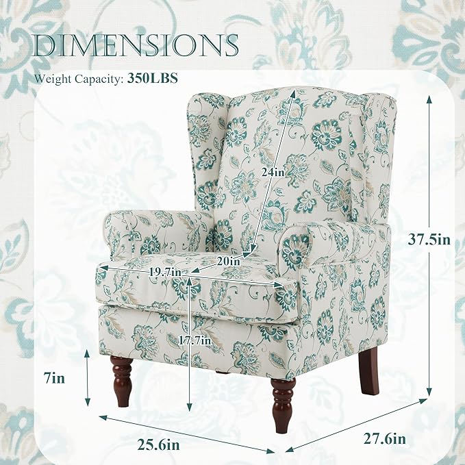 MELLCOM Floral Accent Chair High Back Upholstered Armchair with Solid Legs Leisure Single Sofa Chair for Living Room Bedroom Home Office Light Cyan Floral