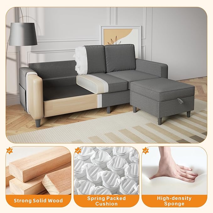 Sectional Sofa Couches for Living Room 78'' Dark Grey 3 Seater L-Shaped Couch with Storage Ottoman Comfy Fabric Convertible Sectionals Sofas with Chaise for Apartment Office Small Space