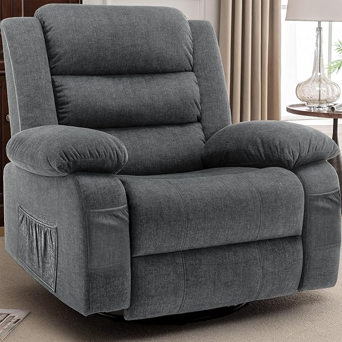 Recliner Chair Wide Rocker Chair Rocking Chair with Massage and Heat360°Swivel Nursery Rocking Chairs Oversized Recliner for Adults Cashmere Reclining Sofa for Living Room Grey