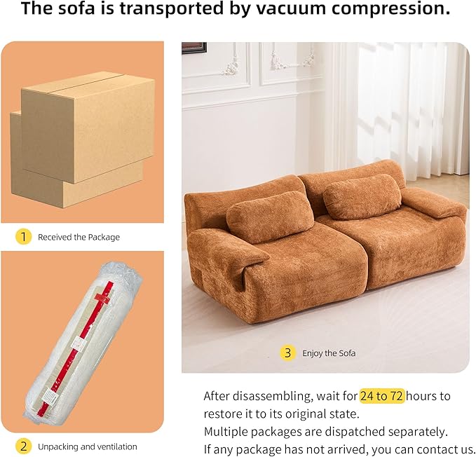 79.6 Boneless Couches for Living Room Set Cloud Modular Sectional Sofa in a Box Memory Foam Modern Couch Big Comfy Compressed Sofas Loveseat for Small Spaces Bedroom Apartment Brown