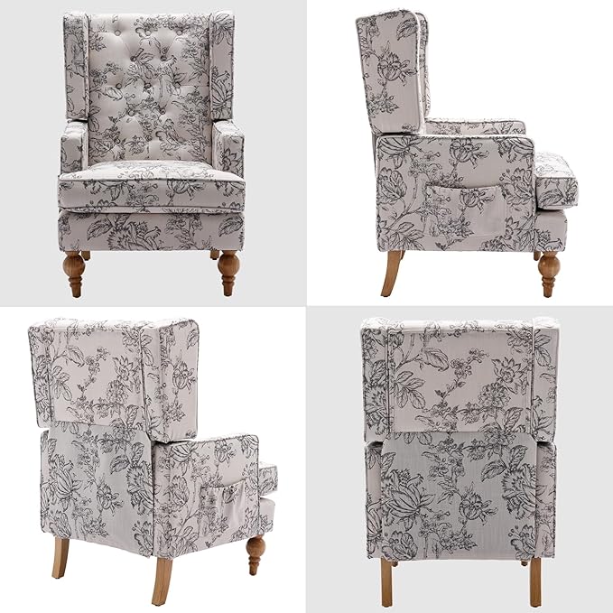 DUOMAY Tufted Accent Chair Modern Linen Upholstered Wingback Side Arm Chair for Living Room Bedroom with Wood Legs Comfy Reading Guest Chair for Office Beige Flower Pattern