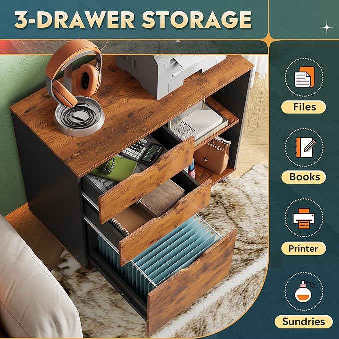 DEVAISE 3-Drawer Wood File Cabinet Mobile Lateral Filing Cabinet Printer Stand with Open Storage Shelves for Home Office Rustic Brown
