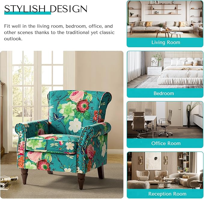 HULALA HOME Modern Wingback Accent Chairs Set of 2 with Wood Legs &amp Removable Cushion Comfy Upholstered Armchairs with Nailhead Trim Floral Pattern Single Sofa Chairs for Living Room Bedroom Bl