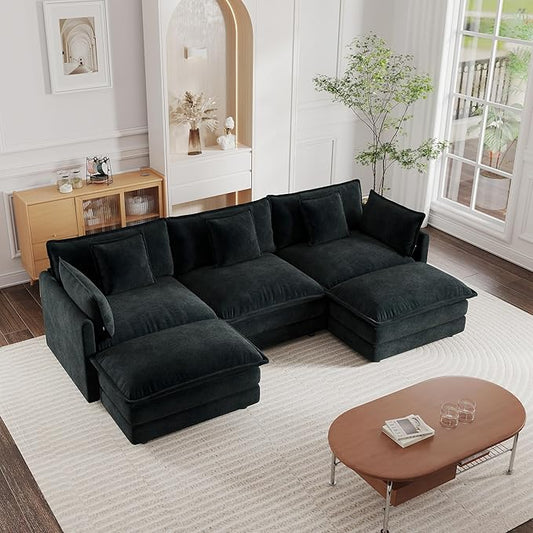 Setawix Modern Modular Sectional Sofa 111.5 Upholstered Chenille 3-Seater with 2 Movable Ottomans Comfy U-Shaped Sofa Oversized Deep Seat Cloud Couch with 5 Pillows for Living Room Black