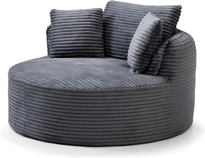 Antetek 53-inch Round Chaise Lounge Chair Indoor Modern Cloud Single Corduroy Couch with 3 Pillows Boneless Compressed Memory Foam Sofa Chair for Living Room Bedroom Apartment Grey