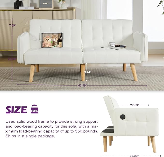 TYBOATLE Modern White Faux Leather Upholstered Convertible USB Folding Futon Sofa Bed 65 Couch Love Seats Furniture for Small Space Configuration Apartment Dorm Living Room Office