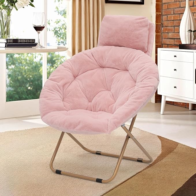 Round Comfy Saucer Chair with Headrest Large Cozy Metal Frame Cozy Lounge Lazy Chair Folding Faux Fur Saucer Chair for Adults Foldable Papasan Moon Chair