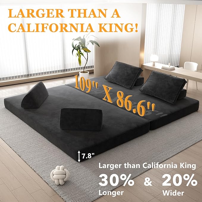 Futon Sofa Bed King Size Boneless Sleeper Sofa Oversized Chenille Foldable Couch Convertible Floor Couches Modern Folding Mattress Daybed for Gaming Living Room Apartment Dark Grey