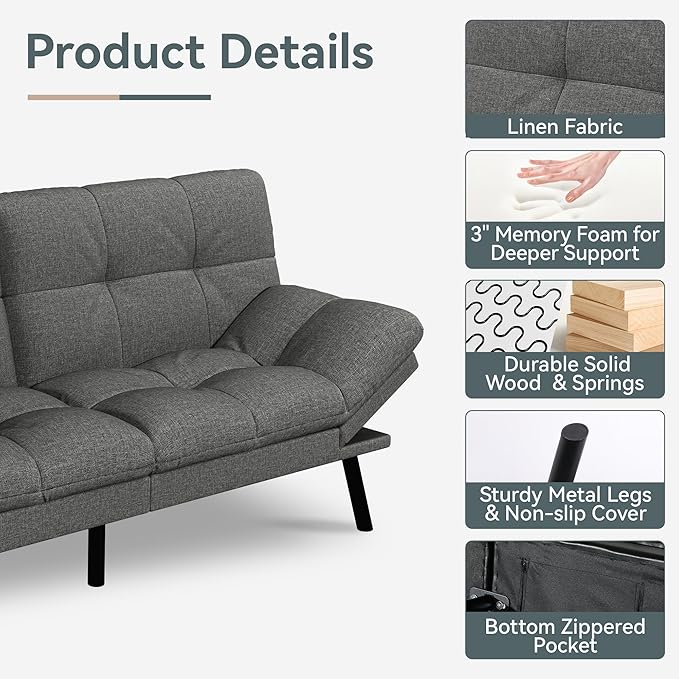 Futon Sofa Bed Convertible Couch Grey Linen Sofa Bed with Memory Foam Adjustable Backrest &amp Armrests Multifunctional Small Loveseat Sleeper Sofa for Living Room Apartment Office