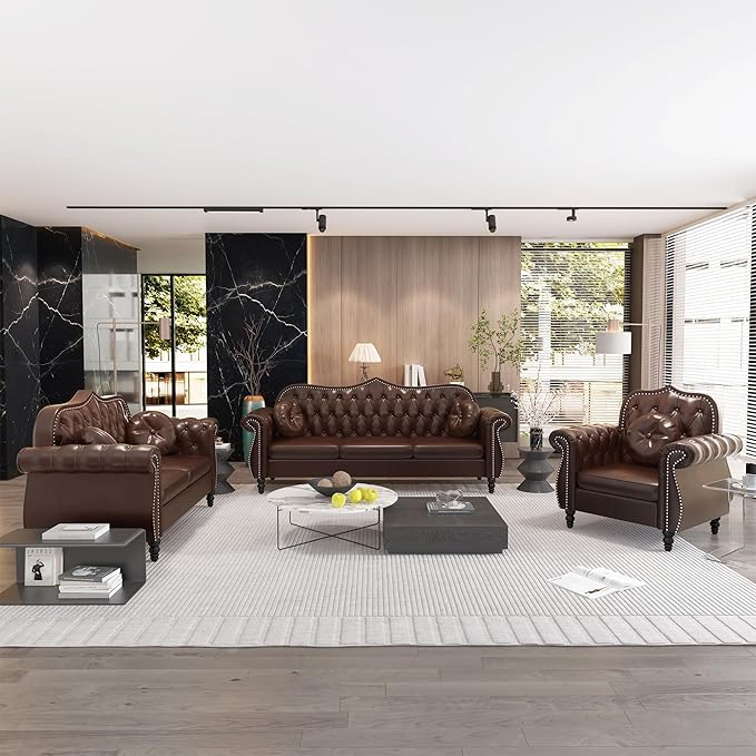 Chesterfield Three Seater Sofa Mid-Century Modern Faux Leather 3-Seater Upholstered Couch Tufted Living Room Sofa with 2 Pillows and Button Nailhead Brown