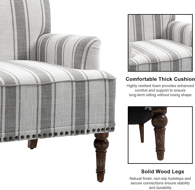 Accent Chair Mid Century Modern Comfy Armchair for Living Room Linen Fabric Single Sofa Lounge for Reading Bedroom Apartment Waiting Room with Wood Legs (Grey Stripe Set of 2)