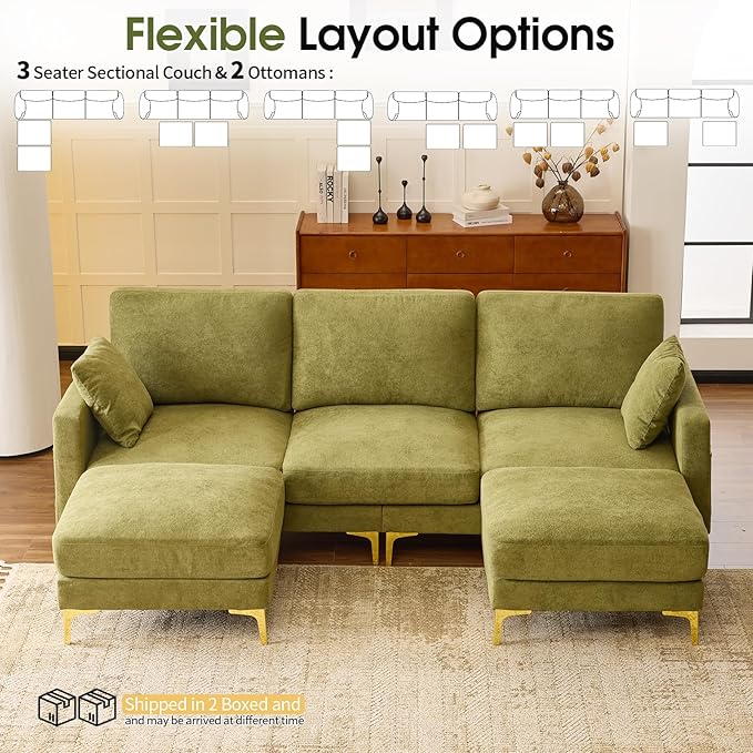 VINGLI 100 W U Shaped Couch with Ottoman 22 Deep Seat Comfortable Sectional Couches for Living Room 3 Seater Chenille Fabric Cloud Sofa for Apartment Small Spaces Bedroom Green