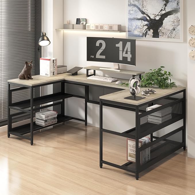 Penau U Shaped Computer Desk with LED Strip L Shaped Desk with Storage Shelves Vintage Style Home Office Gaming Desk