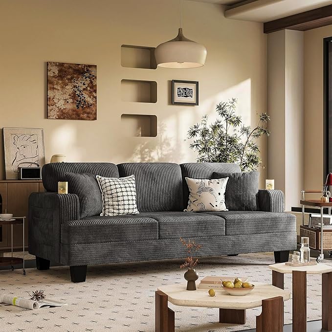 Homall Couches for Living Room 83 Couch with Soft Deep Seats Modern Sofa 3 Seater in Corduroy for Apartment Bedroom (Charcoal Gray)
