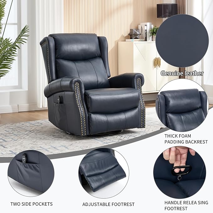 360° Swivel Glider Chair for Nursery Wingback Genuine Leather Rocking Recliner with Lumbar Heat &amp Massage 8-Point Vibration Massage for Living Room Bedroom