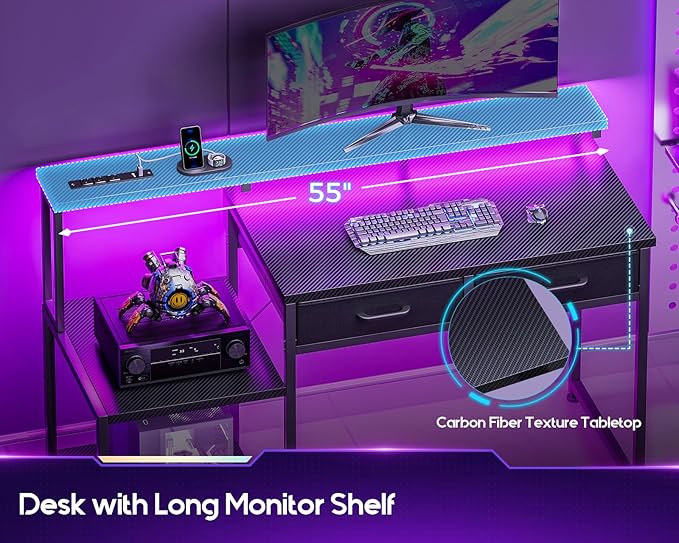 ODK Gaming Desk with Led Lights &amp Power Outlet 55 Inch Computer Desk with Drawers Office Desk with Large Display Storage Shelves Reversible Desk with Monitor Stand for Home Carbon Fiber Black
