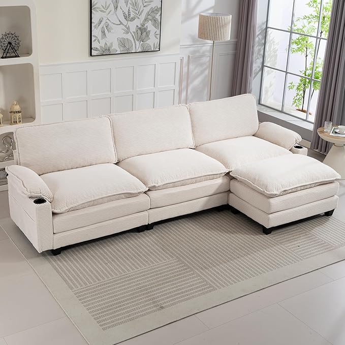113 Modular Sectional Sofa L Shaped Cloud Couch with Movable Ottoman Comfy Corduroy Deep Seat Sofa with Cup Holders Storage Bags Couches for Living Room