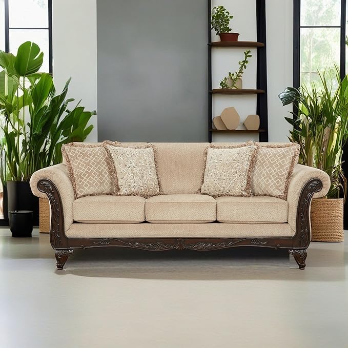 Hernen Carved Wood Frame Sofa Beige Wheat