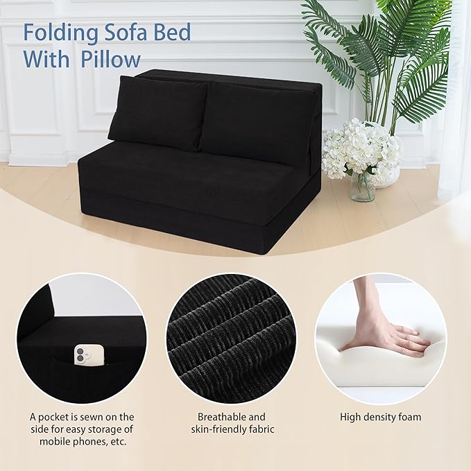 Sofa Bed Foldable Mattress Folding Sleeper Sofa Chair Bed Floor Mattress with Pillow for Living Room Home Office (Black-Corduroy Twin)