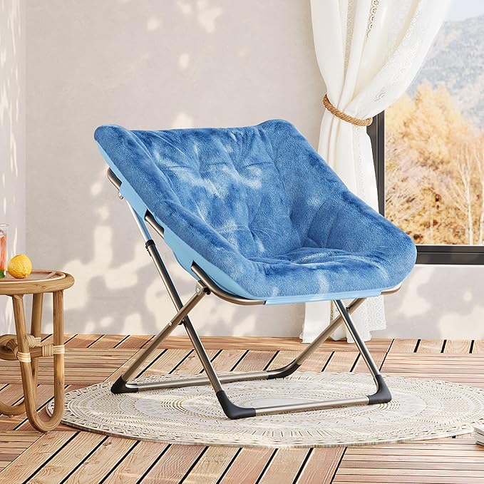 Collapsible Soft Faux Rabbit Fur Saucer Lounge Chair Comfy Lounge Lazy Chair Metal Frame Reading Chairs for Office Living Room Bedroom Small Spaces No Assembly Blue
